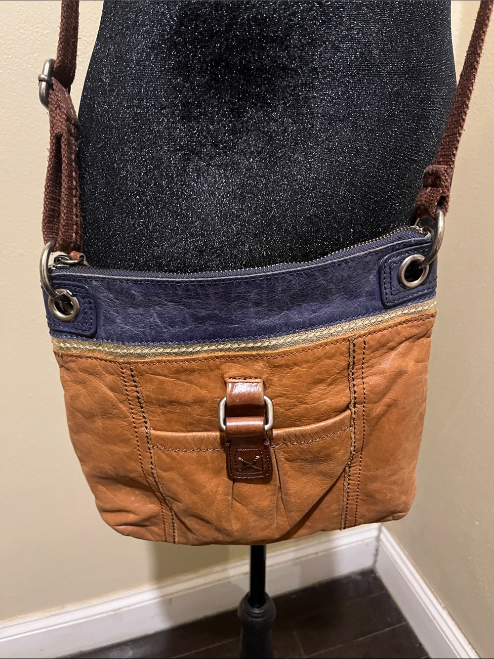 The Sak Two-Tone Brown and Navy Leather Crossbody